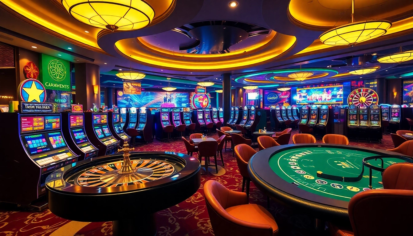 Exciting casino scene showcasing dynamic gaming activities at 69vn.gb.net with vibrant slot machines and poker tables.