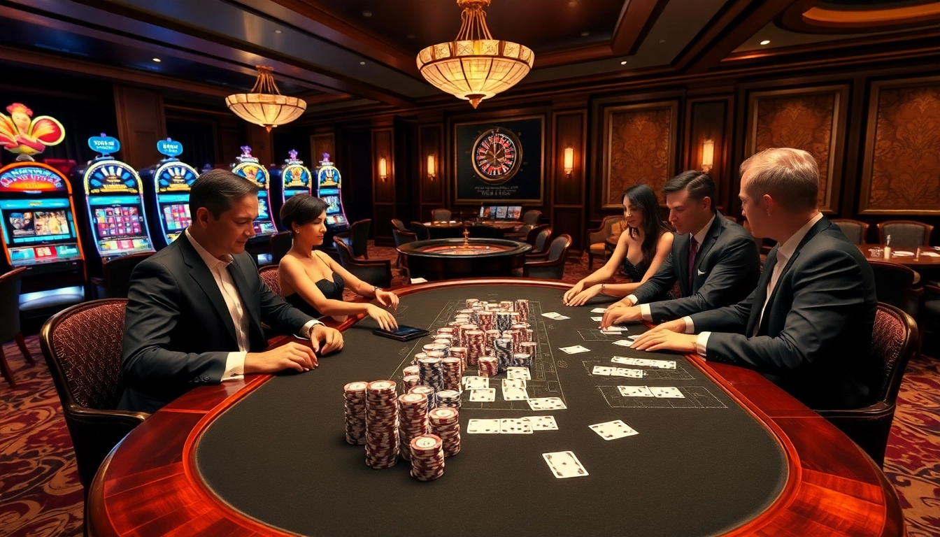 Experience excitement at kp88.bio with players engaging in a high-stakes poker game surrounded by vibrant casino elements.
