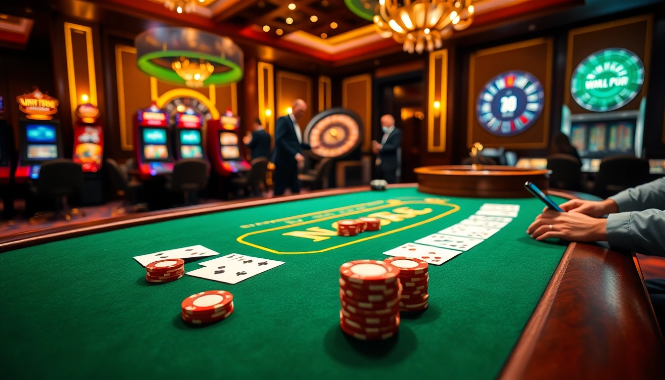 Experience the thrilling online casino action at NK88.com with sophisticated poker tables and vibrant slot machines.