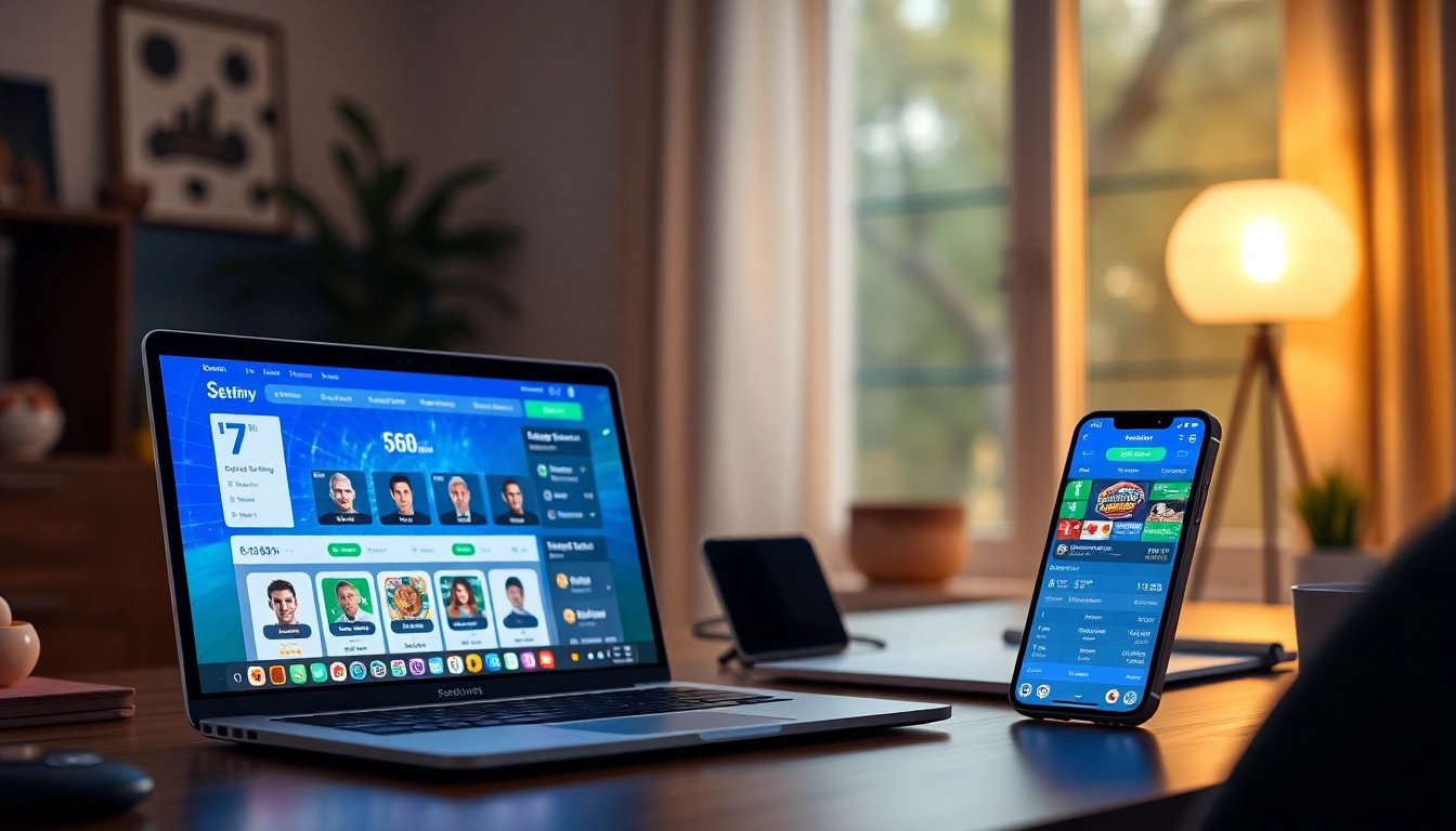 S666.nyc betting platform in a modern home office, showcasing vibrant casino and sports betting interface.