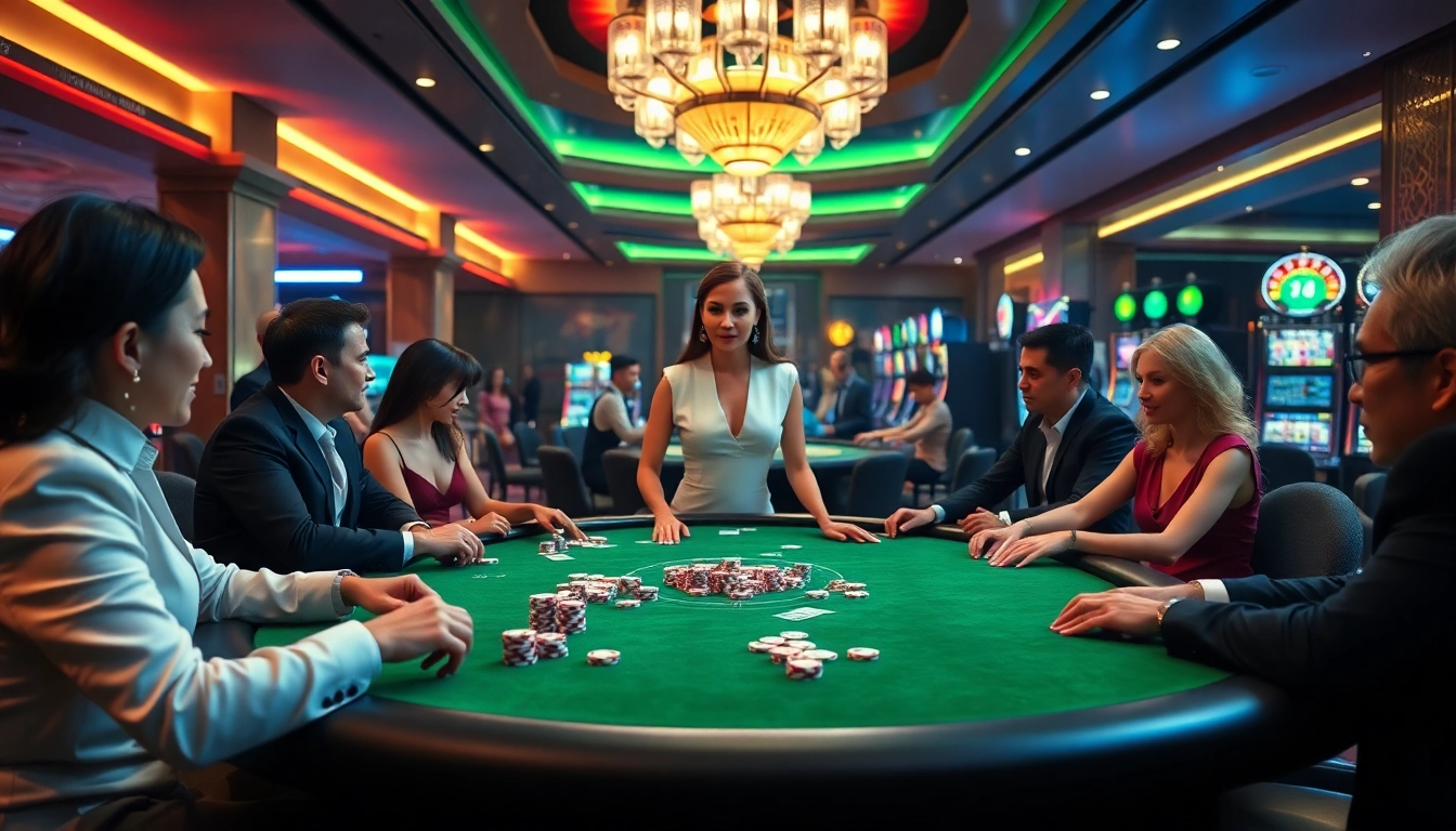 Experience thrilling poker action at dom88.us.com in a luxurious casino setting with elegant players.