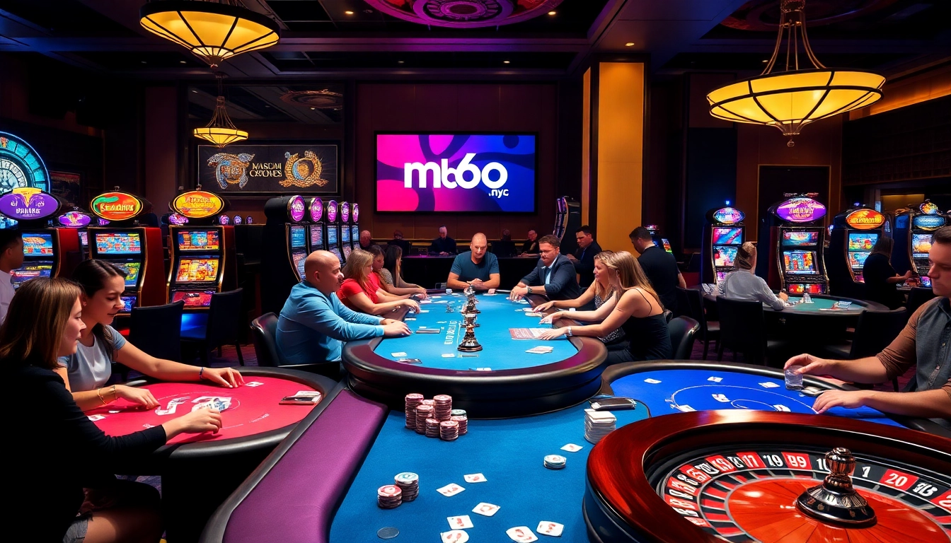Experience thrilling gaming action at mb66.nyc with brightly lit tables and spinning roulette wheels.