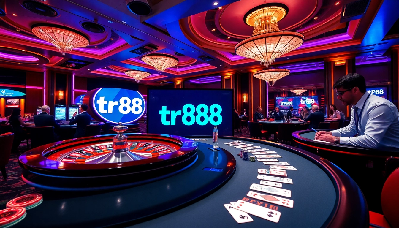 Vibrant casino scene highlighting the tr88 link, showcasing roulette, cards, and players engaging with excitement.