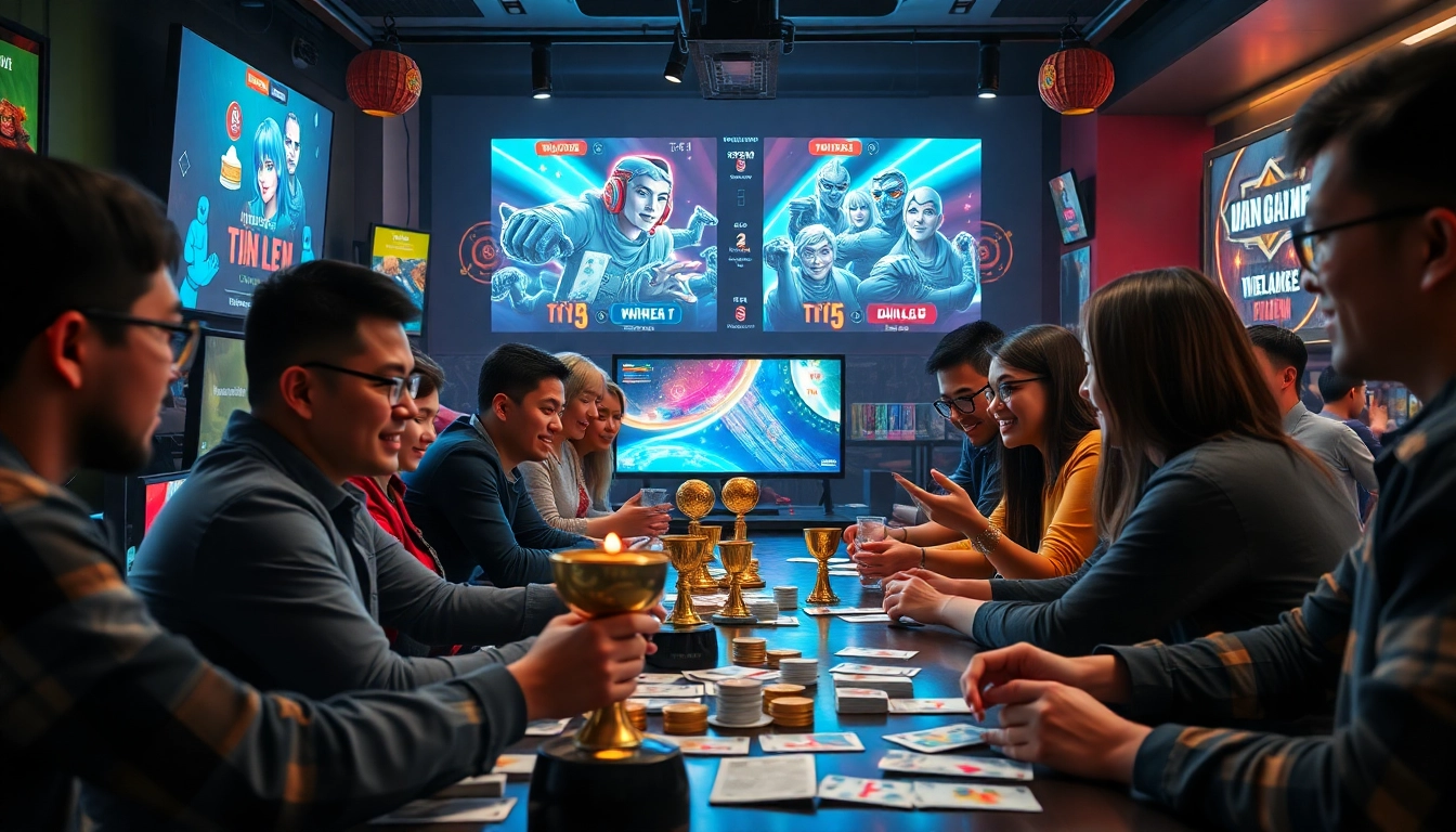 Explore the vibrant world of gamebaidoithuong.com.vc with card games and players enjoying rewards.